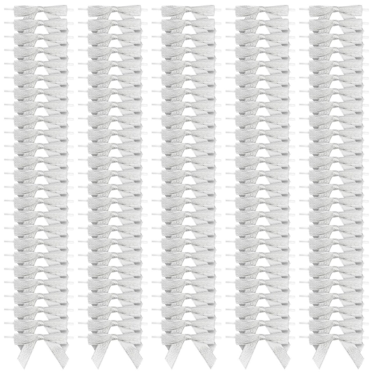 100 Pack Silver Twist Tie Bows for Treat Bags, 3" Small Satin Ribbons for Craft Decoration, Gift Wrap, Themed Party Favors, Baked Goods